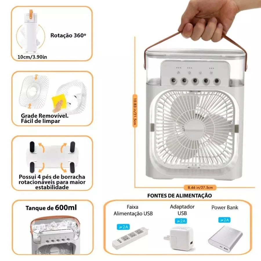 Mini Climatizador Portátil USB com Reservatório de Água e LED – Ventilador Umidificador 3 Velocidades Lar da Ana