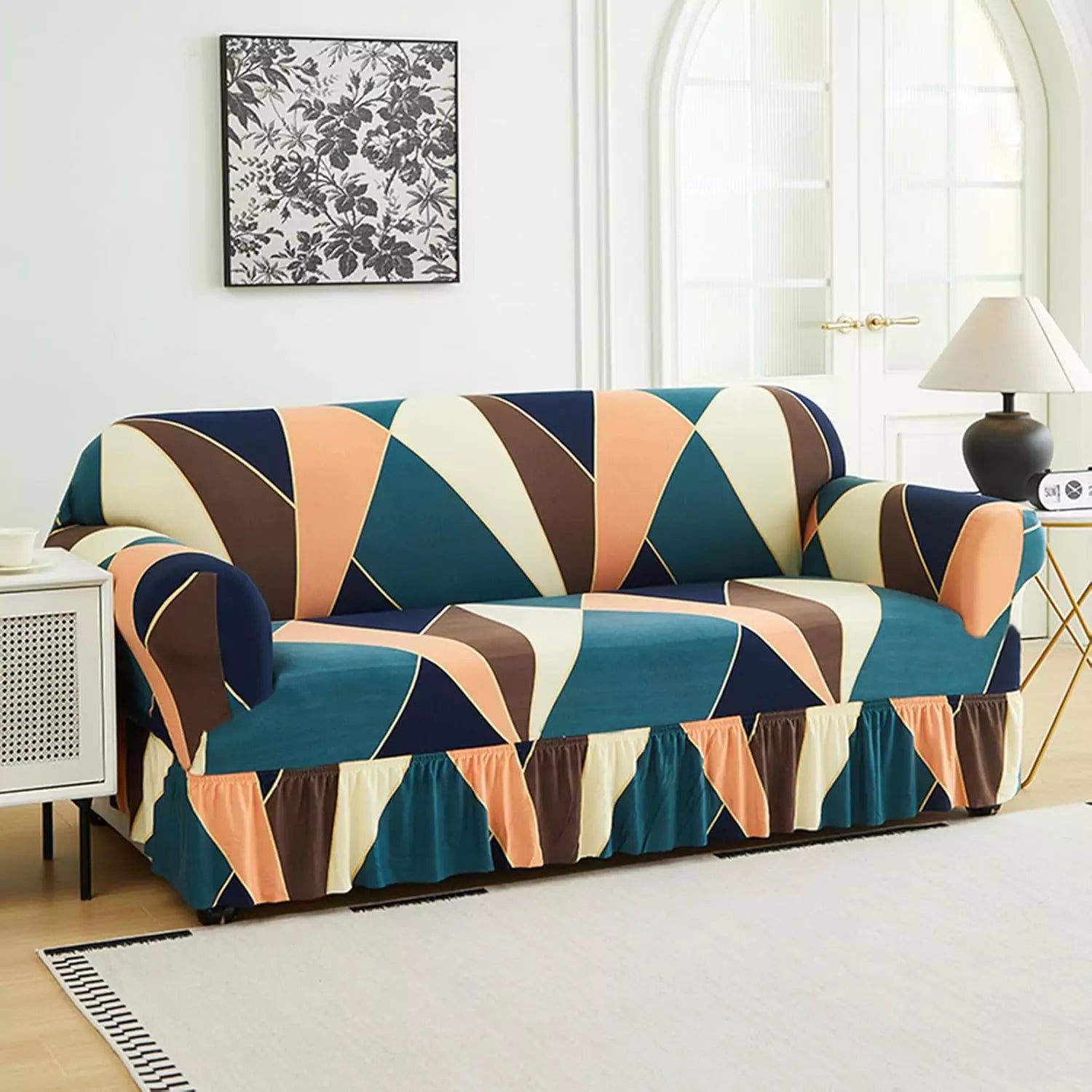 Capa Decorativa de Sofá com Saia Moderna Ajustável Universal - Geometria Vibrante lar da ana