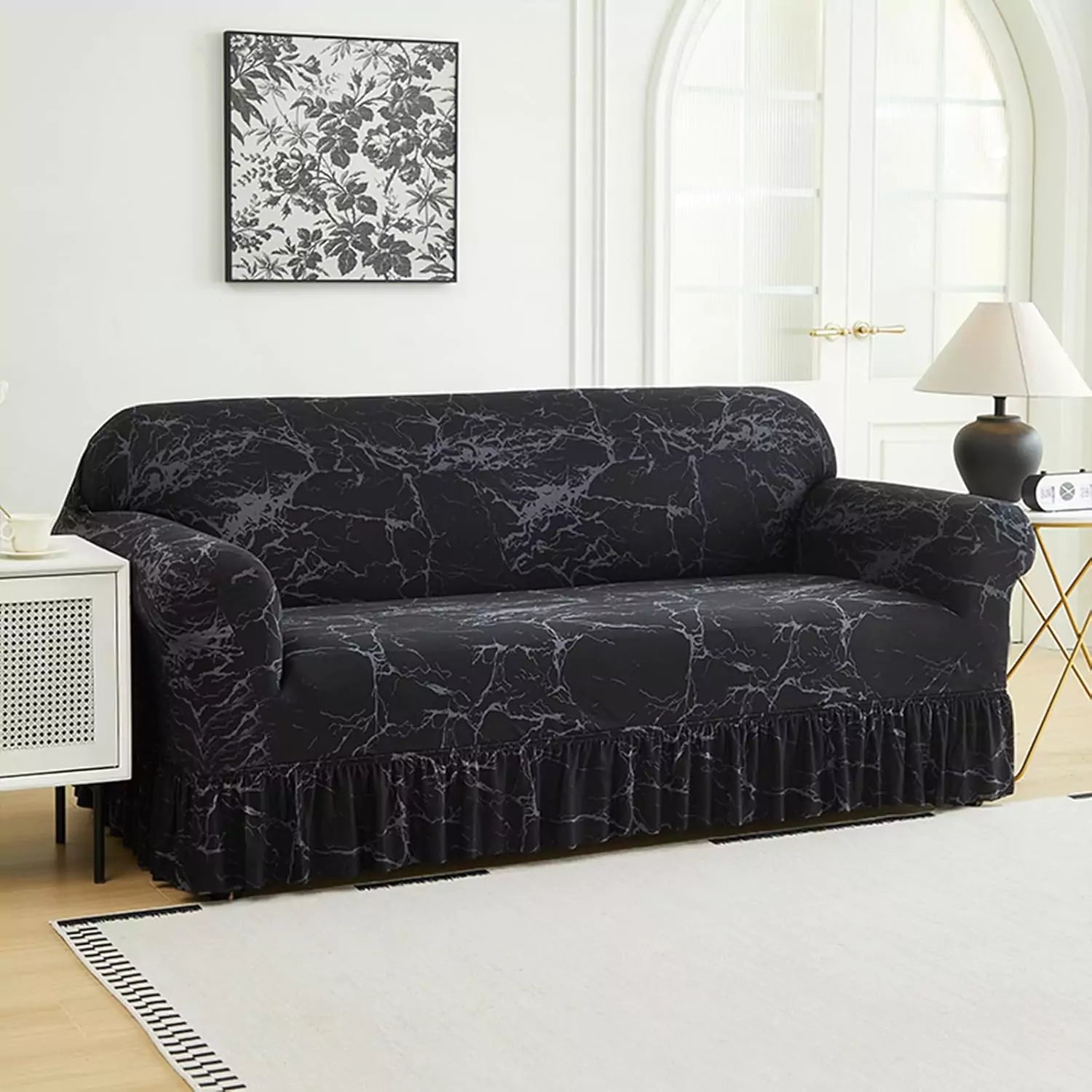 Capa Decorativa de Sofá com Saia Moderna Ajustável Universal - Mármore Preto lar da ana