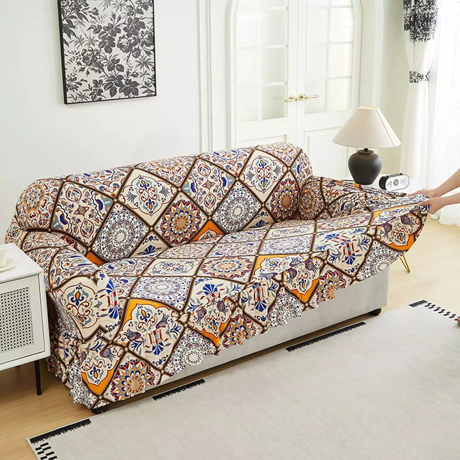 Capa Decorativa de Sofá com Saia Moderna Ajustável Universal - Azulejo Lisboa lar da ana