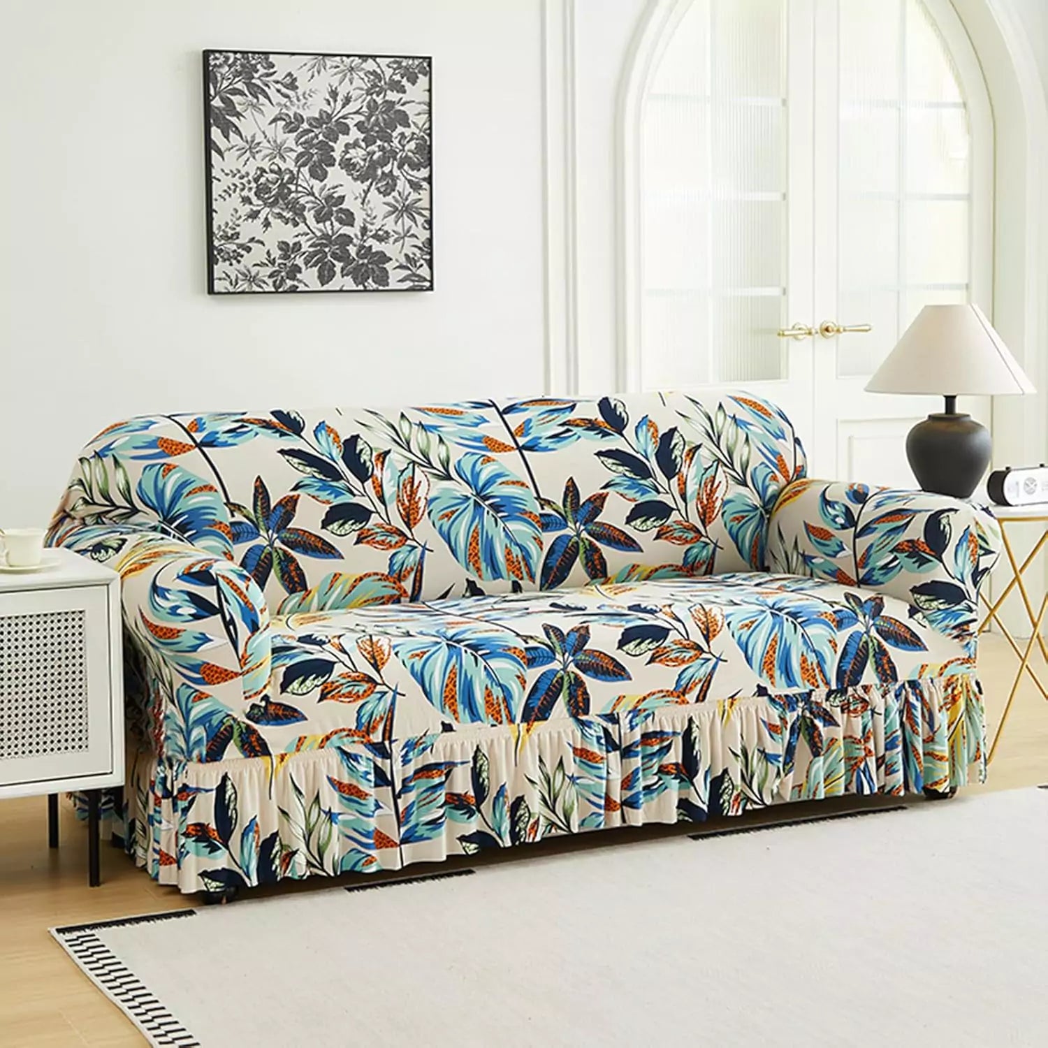 Capa Decorativa de Sofá com Saia Moderna Ajustável Universal - Jardim Tropical lar da ana