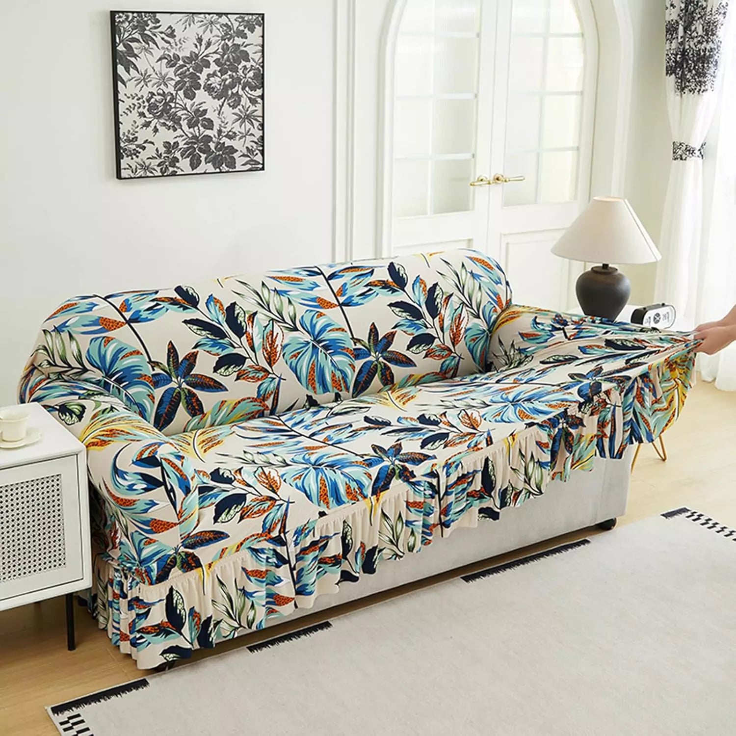 Capa Decorativa de Sofá com Saia Moderna Ajustável Universal - Jardim Tropical lar da ana