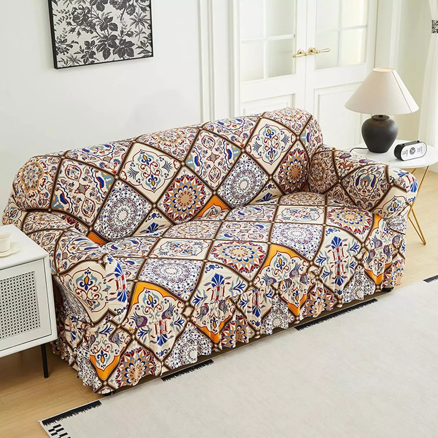 Capa Decorativa de Sofá com Saia Moderna Ajustável Universal - Azulejo Lisboa lar da ana