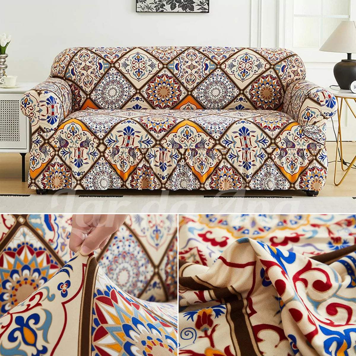Capa Decorativa de Sofá com Saia Moderna Ajustável Universal - Azulejo Lisboa lar da ana