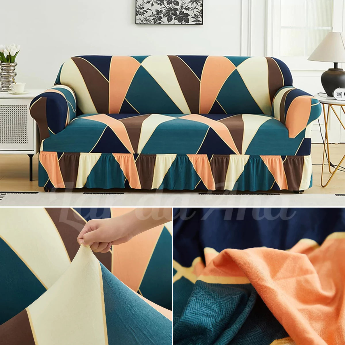 Capa Decorativa de Sofá com Saia Moderna Ajustável Universal - Geometria Vibrante lar da ana