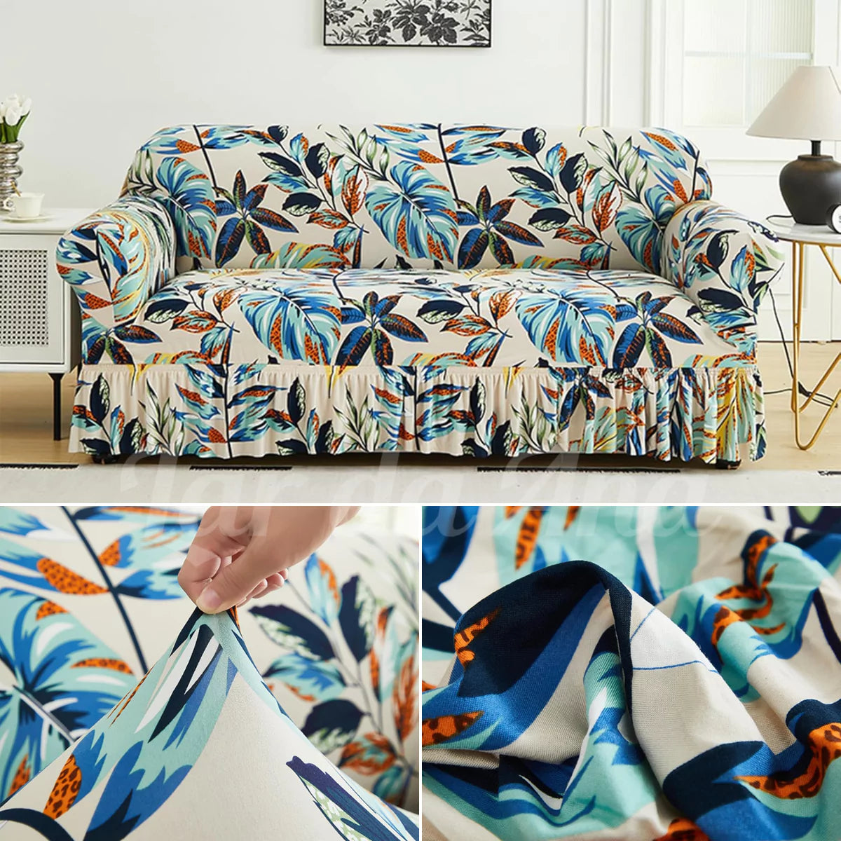 Capa Decorativa de Sofá com Saia Moderna Ajustável Universal - Jardim Tropical lar da ana