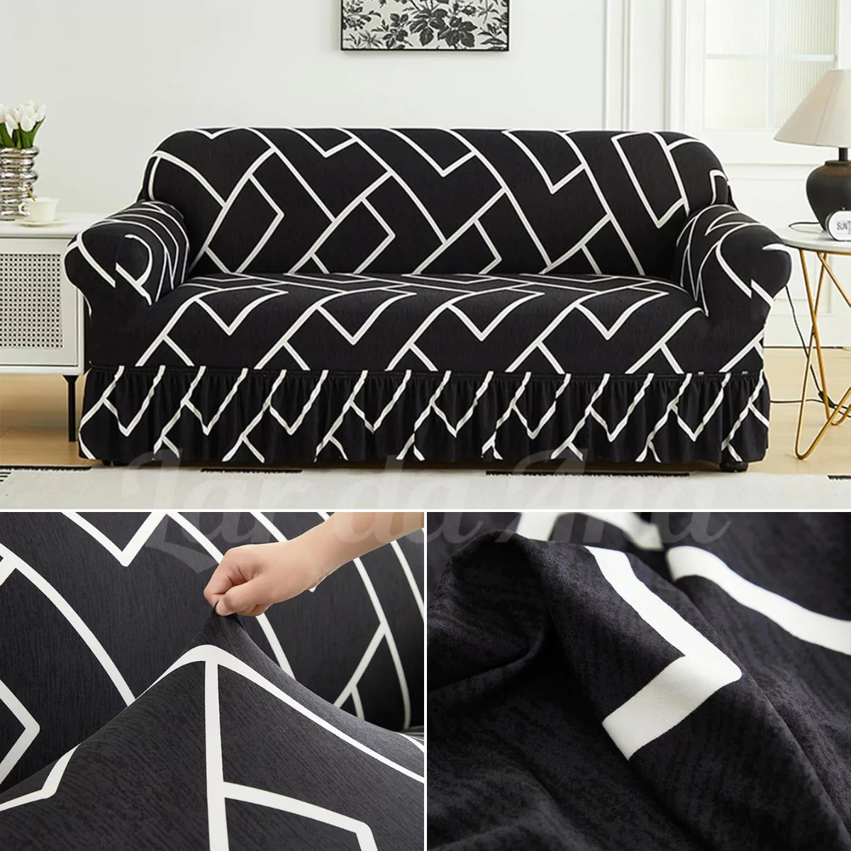 Capa Decorativa de Sofá com Saia Moderna Ajustável Universal - Labirinto Preto lar da ana