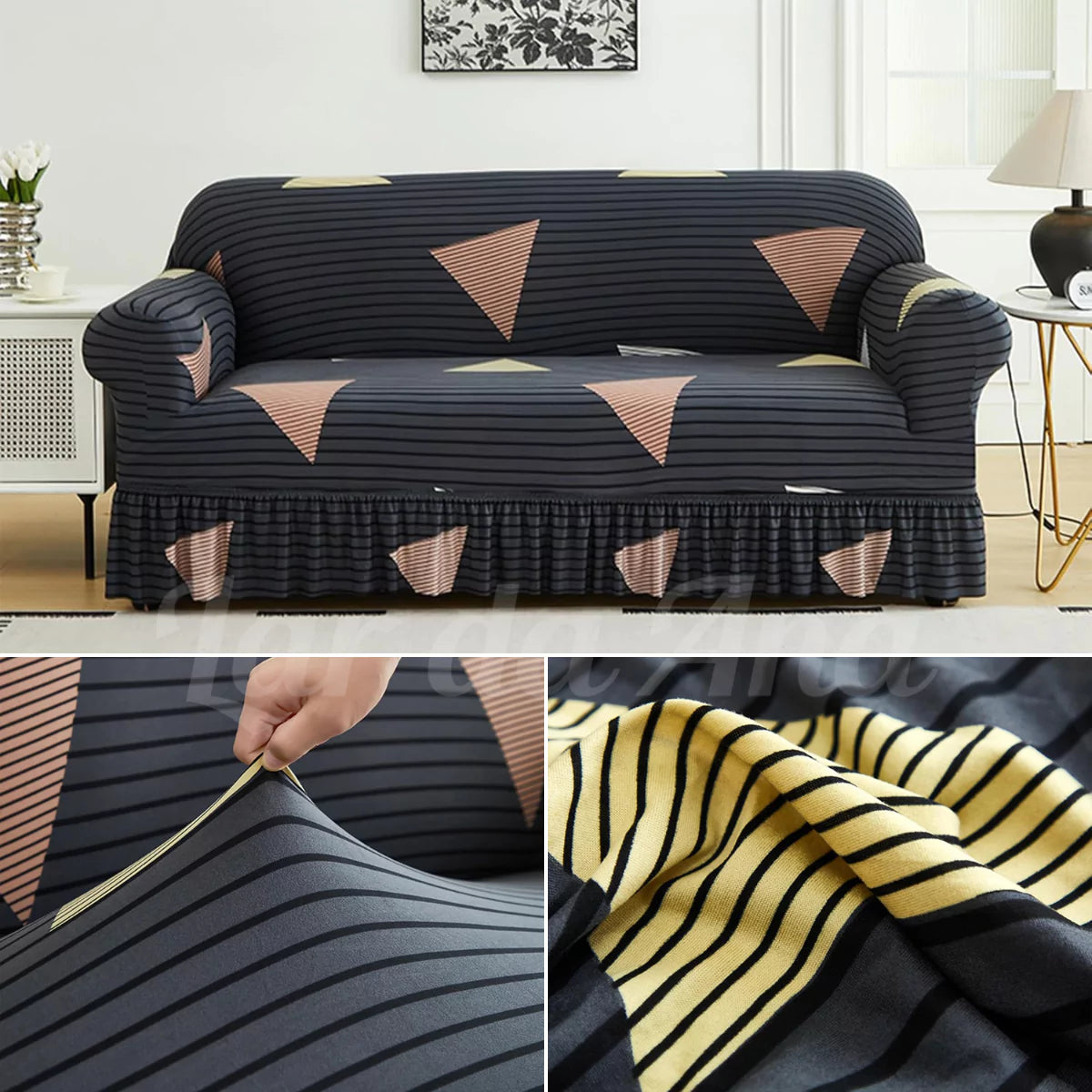 Capa Decorativa de Sofá com Saia Moderna Ajustável Universal - Preto Triangular lar da ana