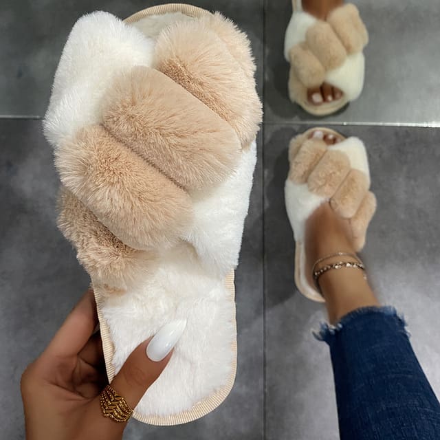 Chinelo Pantufa Feminina em Plush para Inverno lar da ana bege e branco