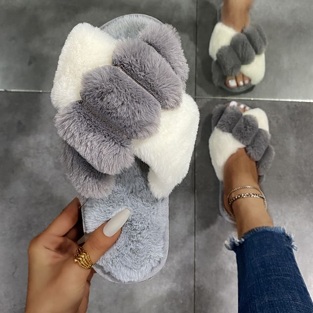 Chinelo Pantufa Feminina em Plush para Inverno lar da ana cinza e branco