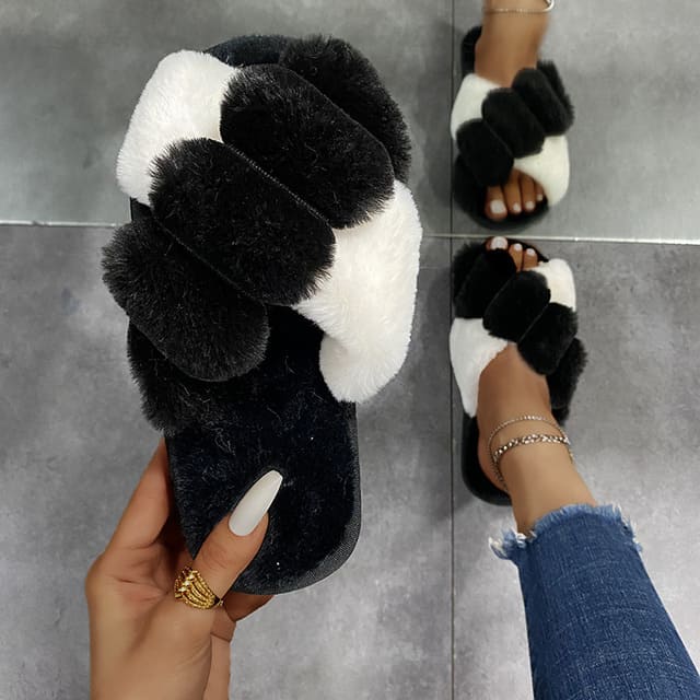 Chinelo Pantufa Feminina em Plush para Inverno lar da ana preto e branco