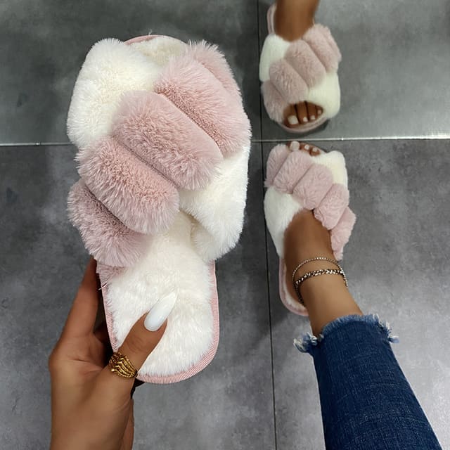 Chinelo Pantufa Feminina em Plush para Inverno lar da ana rosa e branco