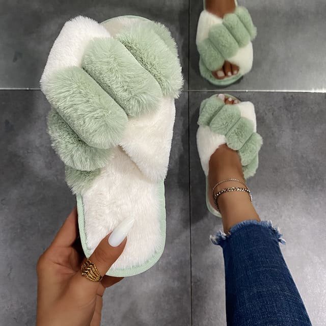 Chinelo Pantufa Feminina em Plush para Inverno lar da ana verde e branco