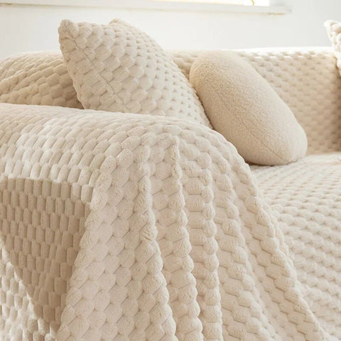Manta para Sofá Grande em Veludo marfim horizontal lar da ana