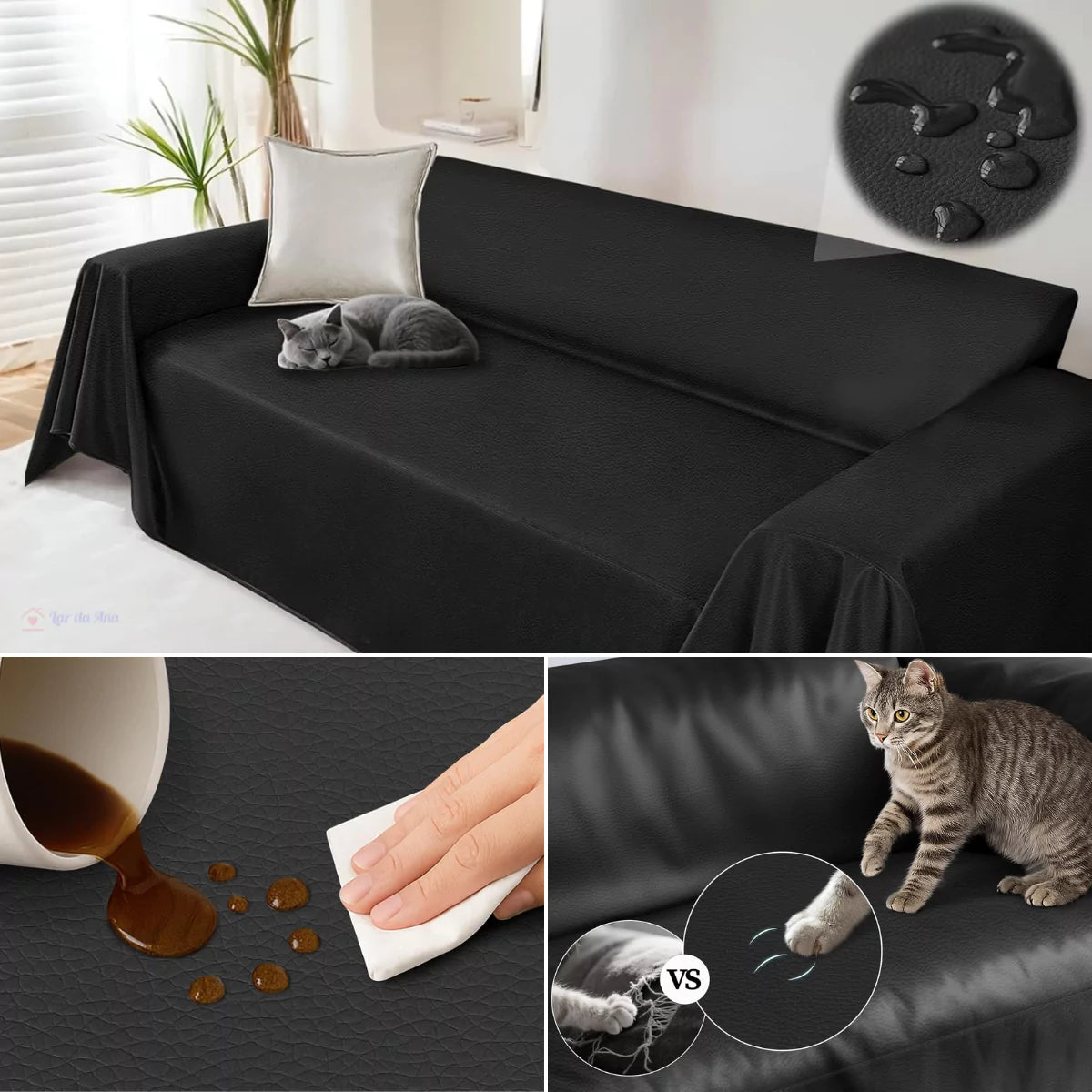 Manta de Sofá de Couro Impermeável Preta Lar da Ana
