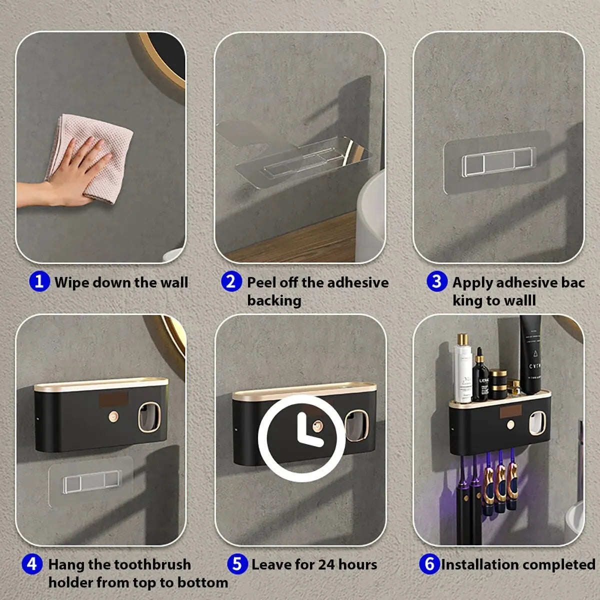 Porta Escova de Dente para Banheiro Suporte de Parede 3 em 1 com Luz UV ouro negro lar da ana