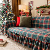 Manta para Sofá Xadrez de Natal com Babado - Protetor de Sofá Natalino