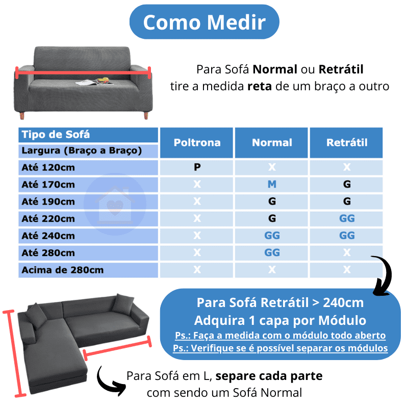 como medir capa de sofá normal, retrátil, em L. Lar da ana https://lardaana.com/products/capa-para-sofa-veludo-cinza-claro