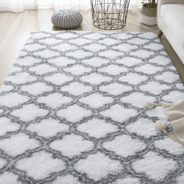 Tapete para Sala Retangular Peludo Estampado Branco Vitral. Lar da Ana