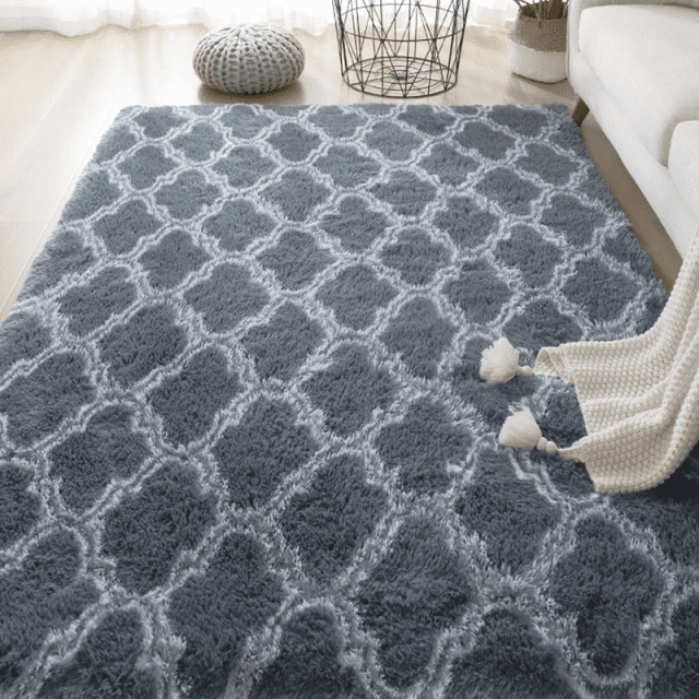Tapete para Sala Retangular Peludo Estampado Cinza Vitral