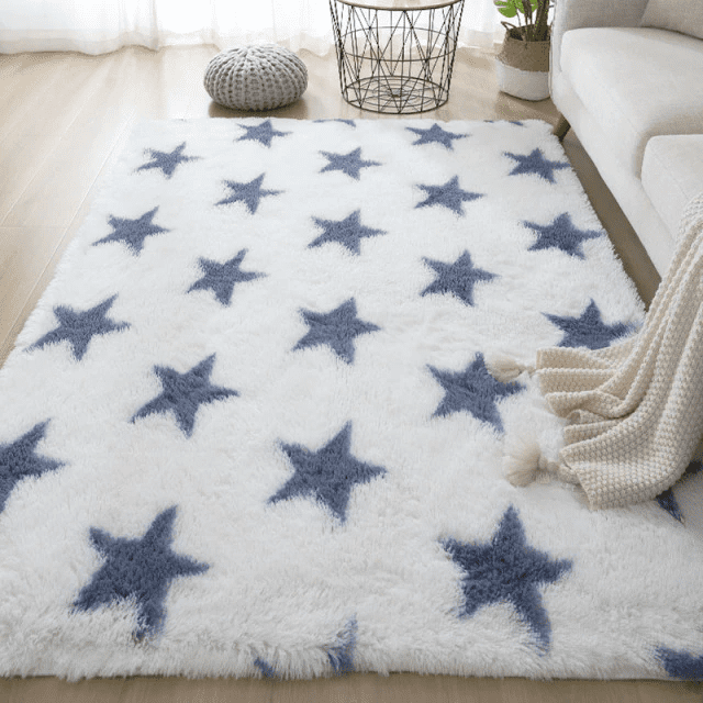 Tapete para Sala Retangular Peludo Estampado Branco Estrela