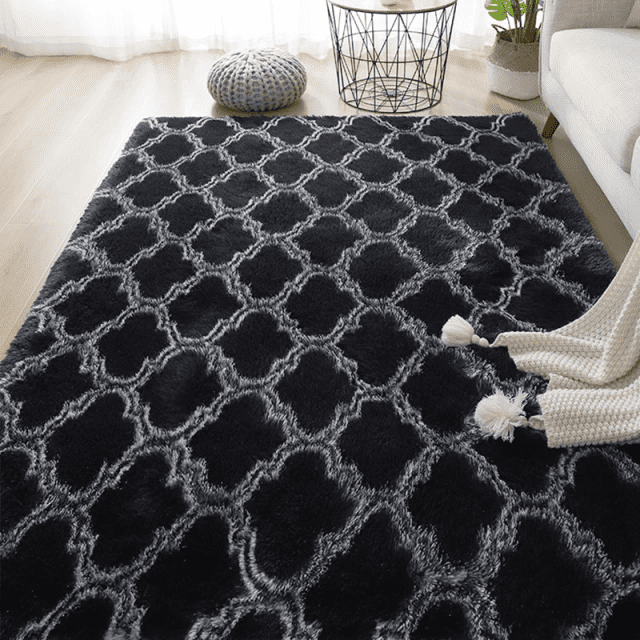 Tapete para Sala Retangular Peludo Estampado Preto Vitral