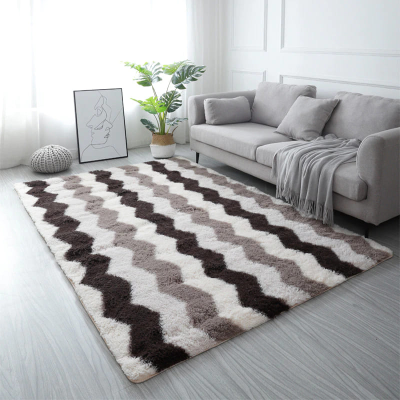 Tapete para Sala Retangular Peludo Estampado Branco Marrom