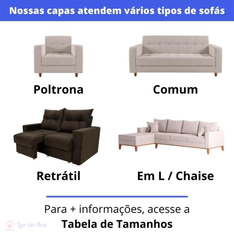 tipos de sofás que a Capa de Sofá Impermeável Cinza Claro do lar da ana atende: poltrona, sofá comum, retrátil, em L / de canto
