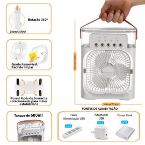 Mini Climatizador Portátil USB com Reservatório de Água e LED – Ventilador Umidificador 3 Velocidades Lar da Ana