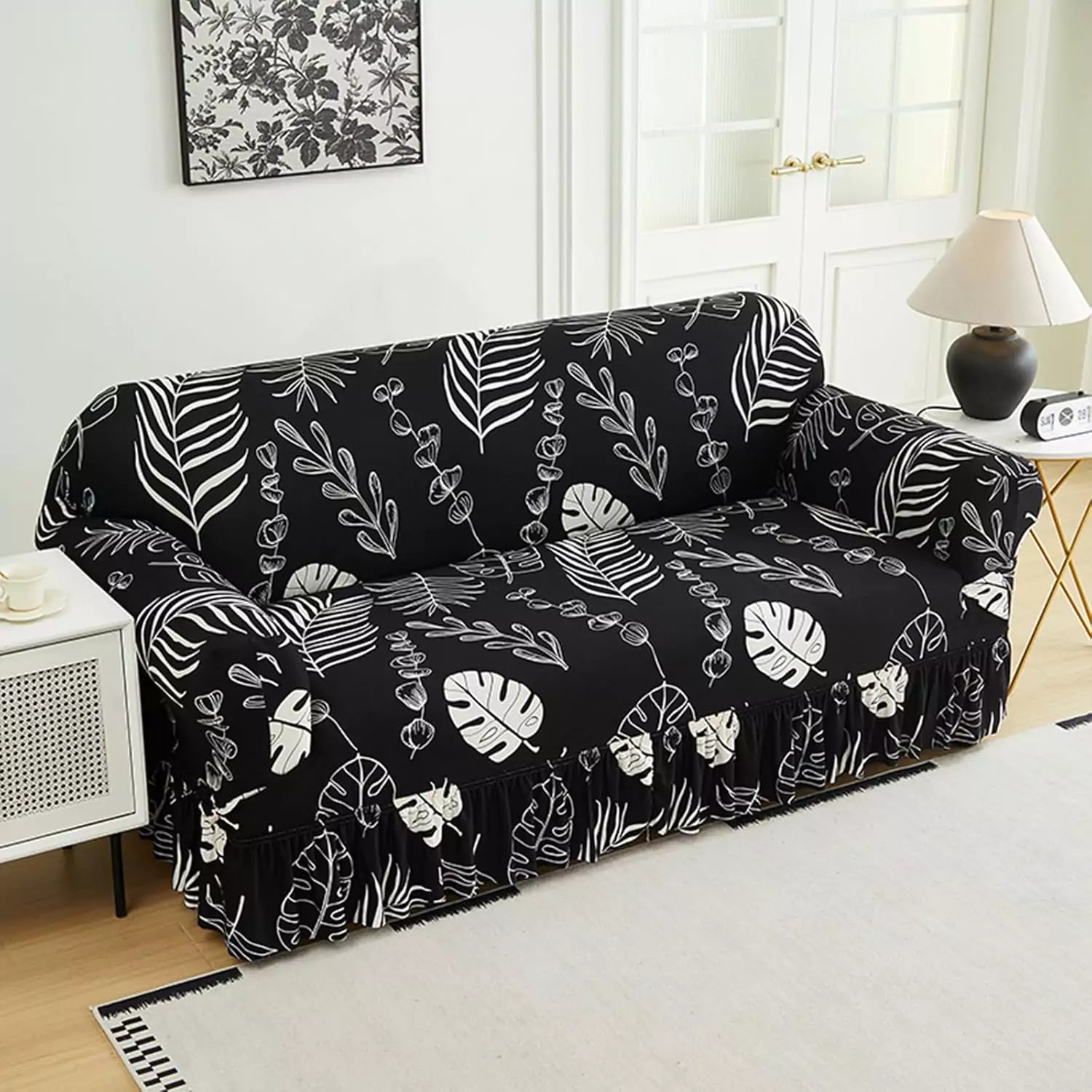 Capa Decorativa de Sofá com Saia Moderna Ajustável Universal - Folhagem Preta lar da ana