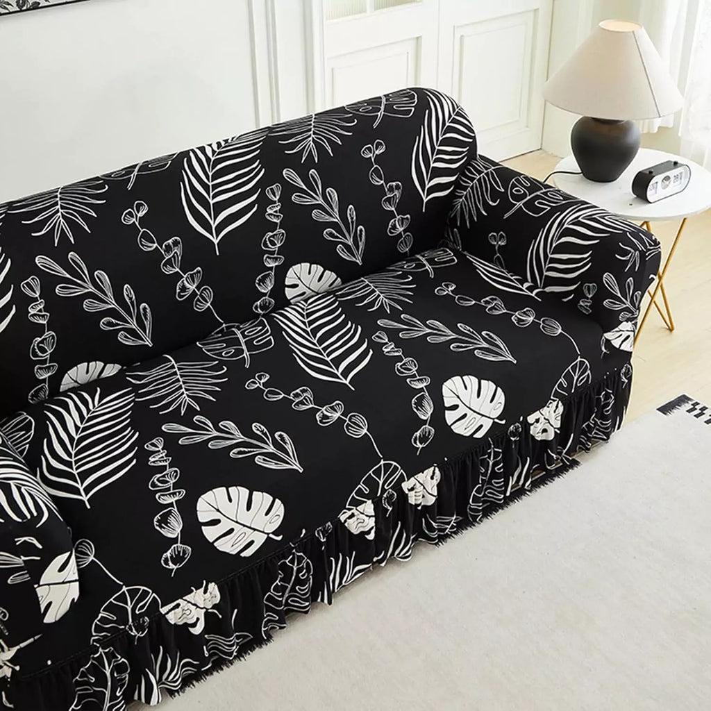 Capa Decorativa de Sofá com Saia Moderna Ajustável Universal - Folhagem Preta lar da ana