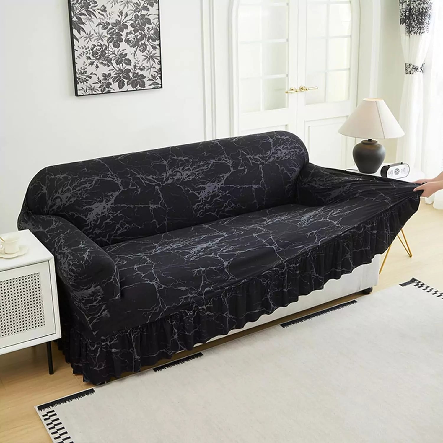 Capa Decorativa de Sofá com Saia Moderna Ajustável Universal - Mármore Preto lar da ana