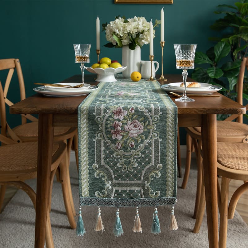Caminho de Mesa Trilho de Mesa em tecido Jacquard com Flor verde detalhes verdes lar da ana