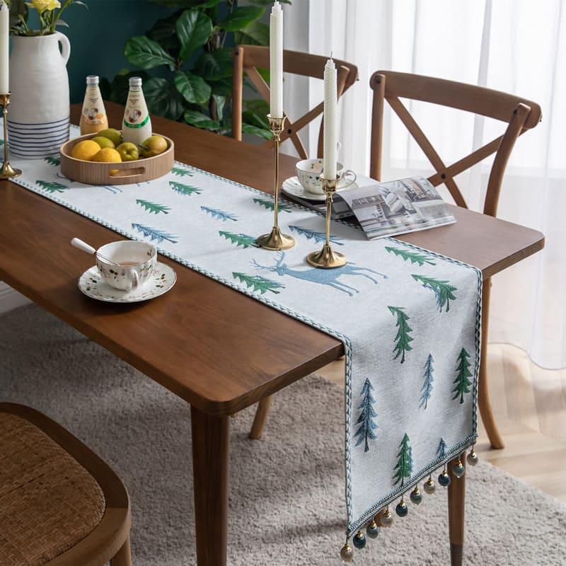 Caminho de Mesa Trilho de Mesa em tecido Jacquard com Flor branco pinheiros azuis lar da ana