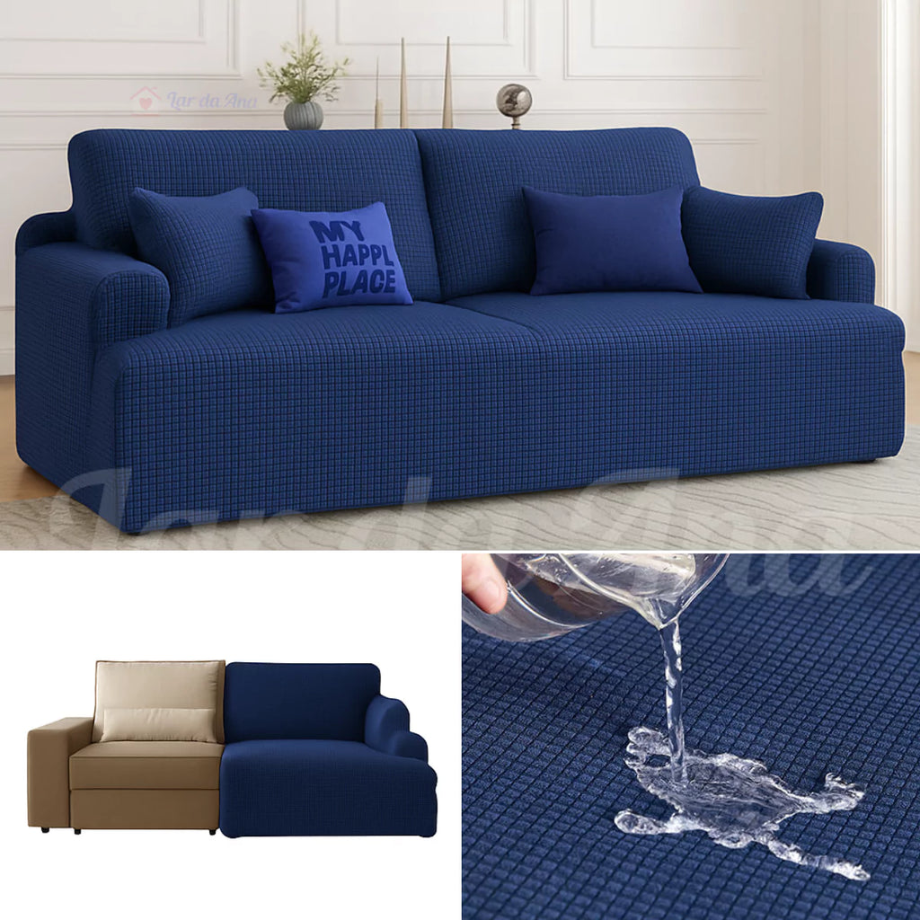 Capa Sofá Retrátil Semi Impermeável - Tecido Jacquard Azul Marinho Lar da Ana