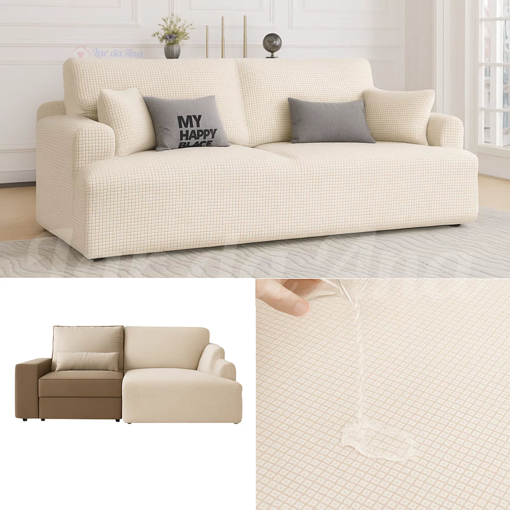 Capa Sofá Retrátil Semi Impermeável - Tecido Jacquard Bege Claro Lar da Ana