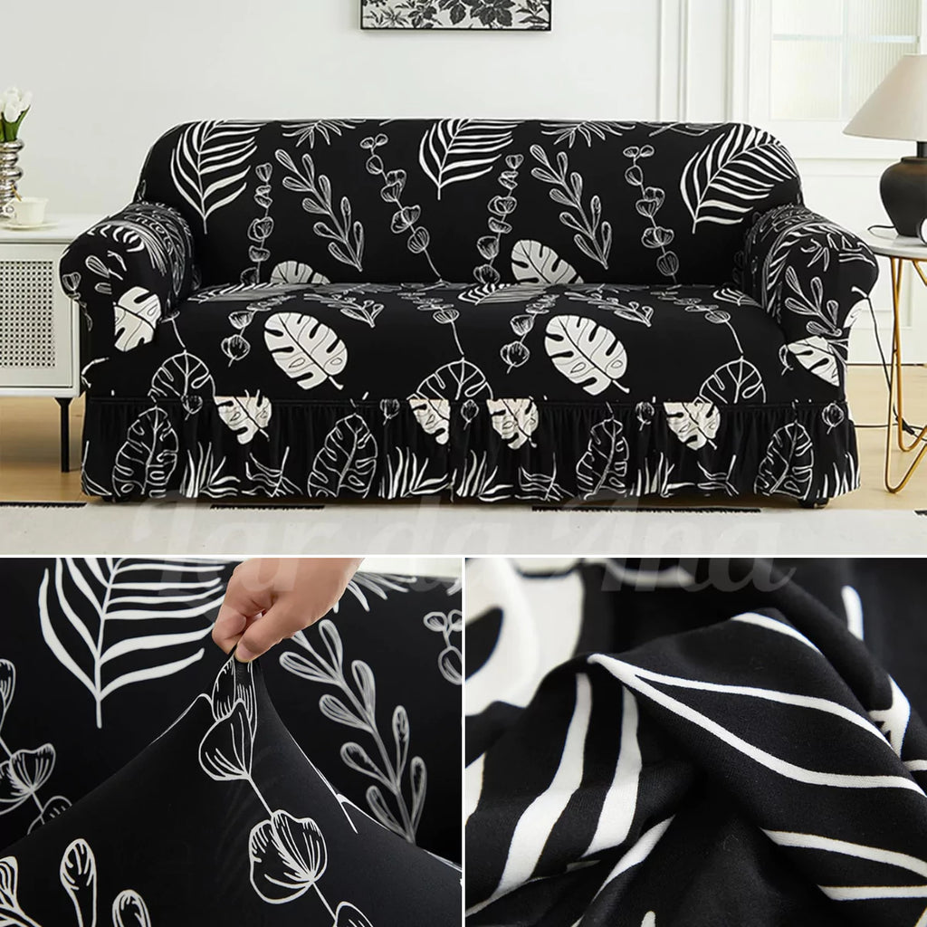 Capa Decorativa de Sofá com Saia Moderna Ajustável Universal - Folhagem Preta lar da ana