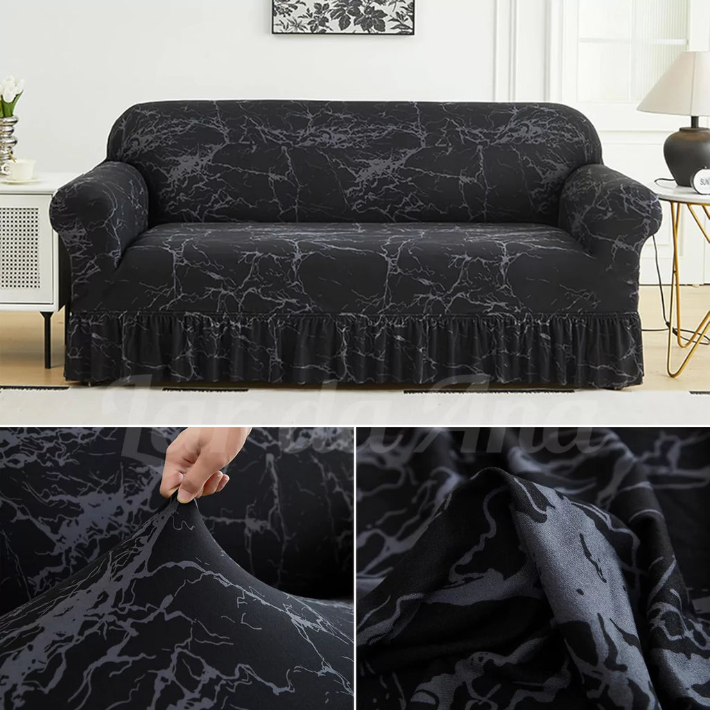 Capa Decorativa de Sofá com Saia Moderna Ajustável Universal - Mármore Preto lar da ana