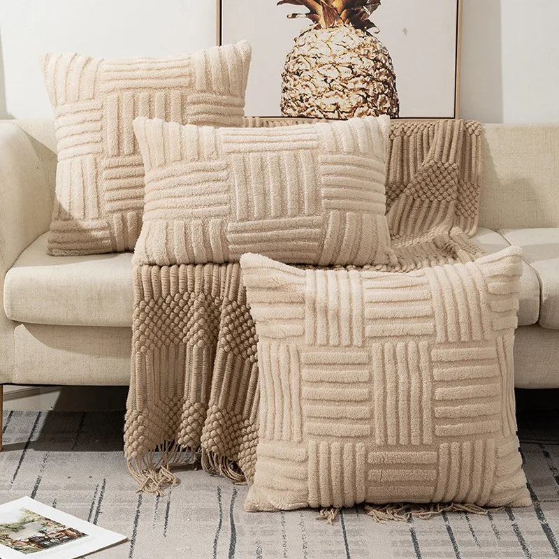 Capa de Almofada Decorativa de Luxo - Tecido Aveludado Estampa Boho Listrada khaki lar da ana