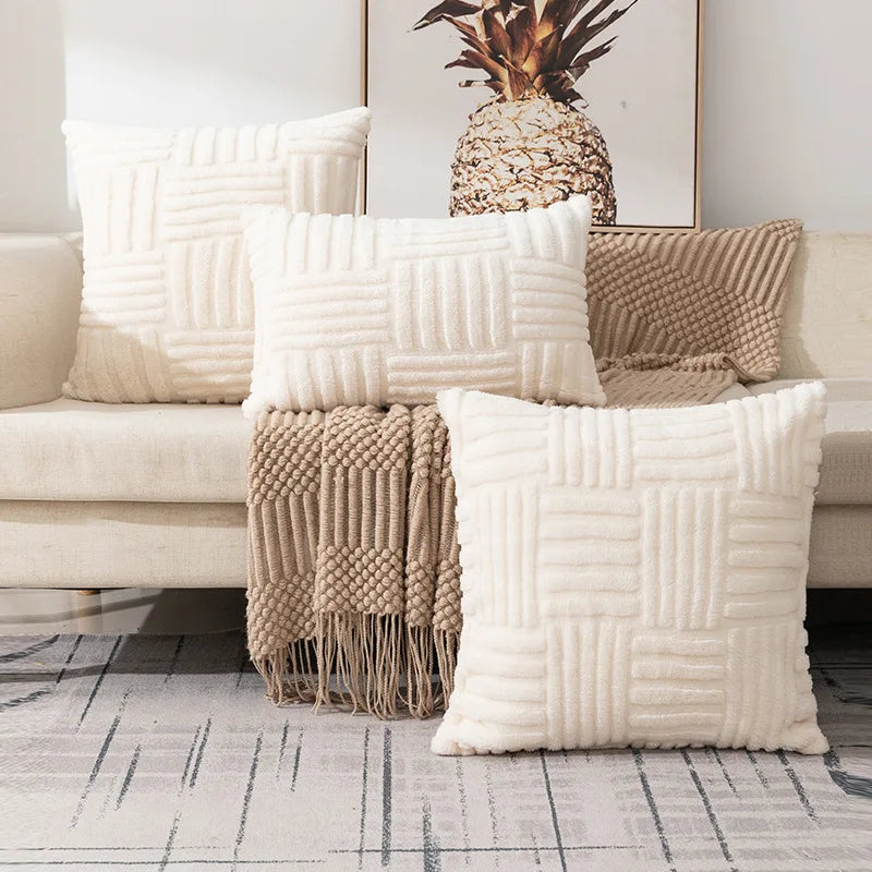 Capa de Almofada Decorativa de Luxo - Tecido Aveludado Estampa Boho Listrada off white lar da ana