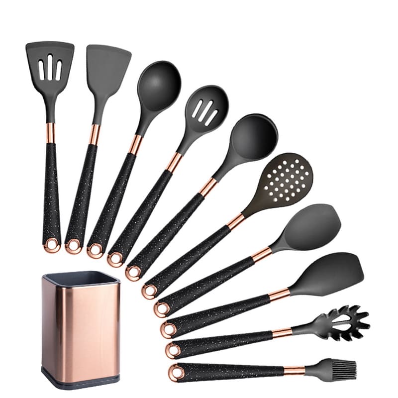 Kit Utensílios de Cozinha Silicone 10 Peças Com Organizador Rosé lar da ana