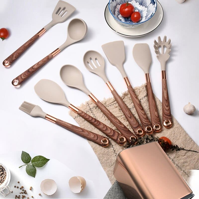 Kit Utensílios de Cozinha Silicone 10 Peças Com Organizador Rosé lar da ana