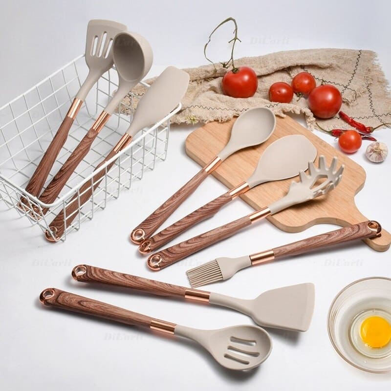 Kit Utensílios de Cozinha Silicone 10 Peças Com Organizador Rosé lar da ana