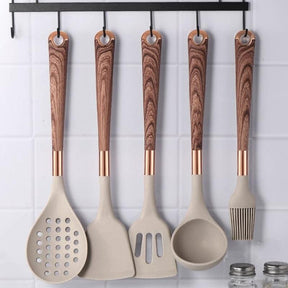 Kit Utensílios de Cozinha Silicone 10 Peças Com Organizador Rosé lar da ana