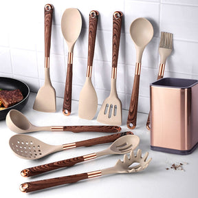 Kit Utensílios de Cozinha Silicone 10 Peças Com Organizador Rosé lar da ana