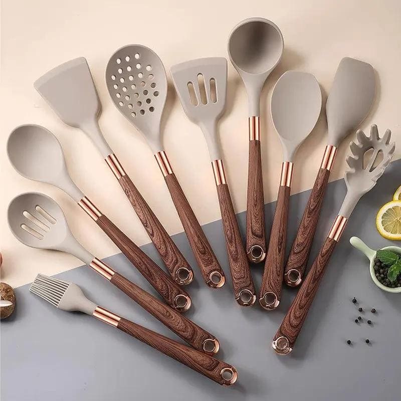 Kit Utensílios de Cozinha Silicone 10 Peças Com Organizador Rosé lar da ana