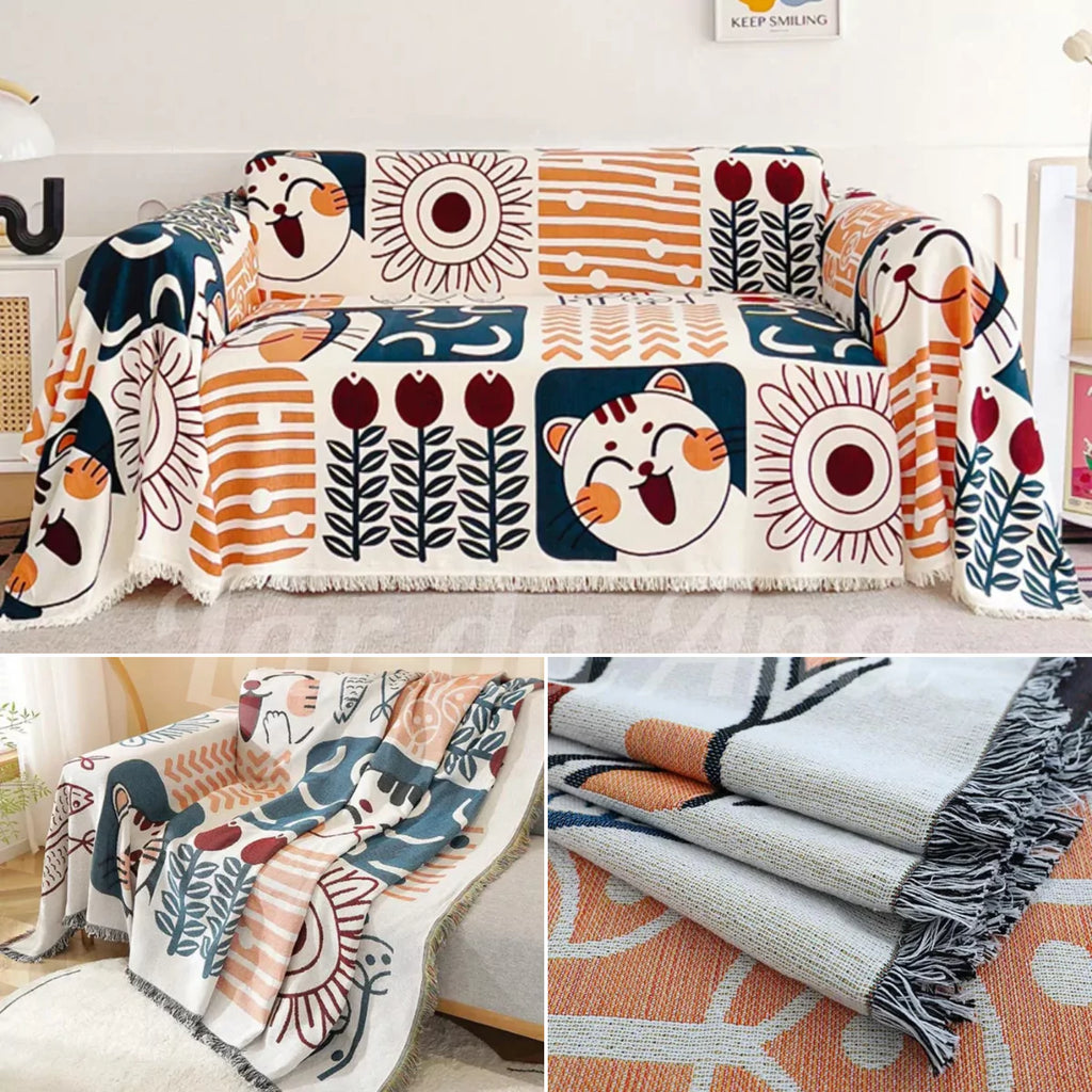 Manta Decorativa para Cobrir e Proteger Sofá Grande - Gatos e Girassóis lar da ana