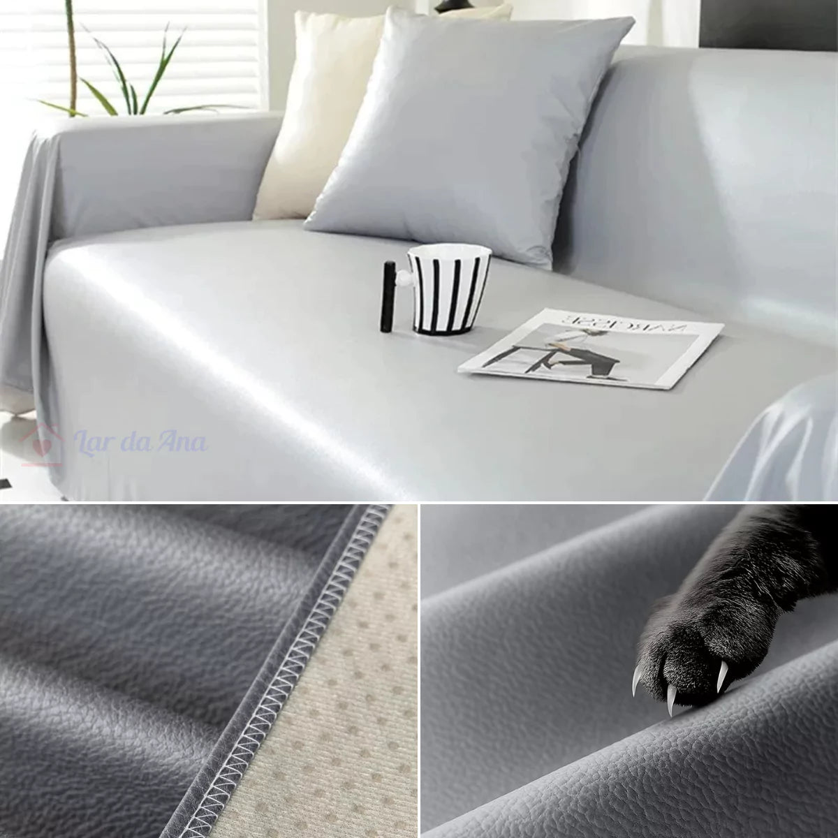 Manta de Sofá de Couro Impermeável Prata Lar da Ana