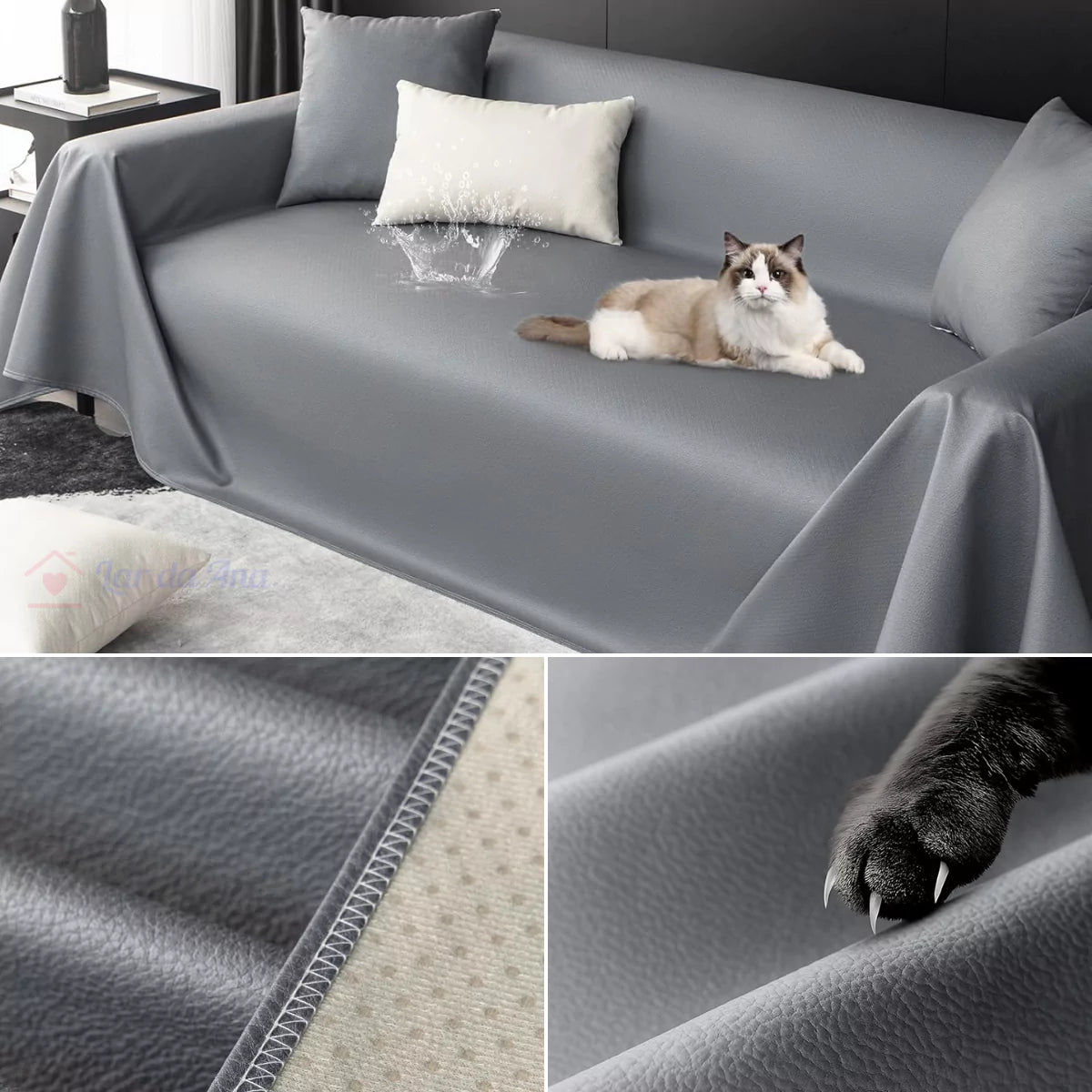 Manta de Sofá de Couro Impermeável Cinza Lar da Ana
