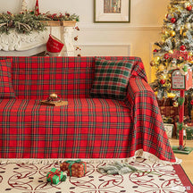 Manta para Sofá Xadrez de Natal com Babado - Protetor de Sofá Natalino